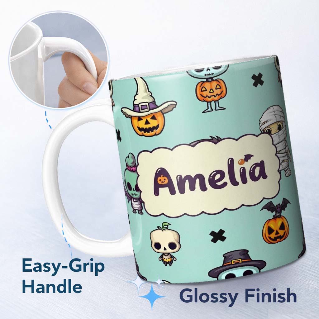 Personalized Custom Name Cute Halloween Characters Mummy Frankenstein Bat Teal Background 11oz Ceramic Coffee Tea Mug White Large Handle