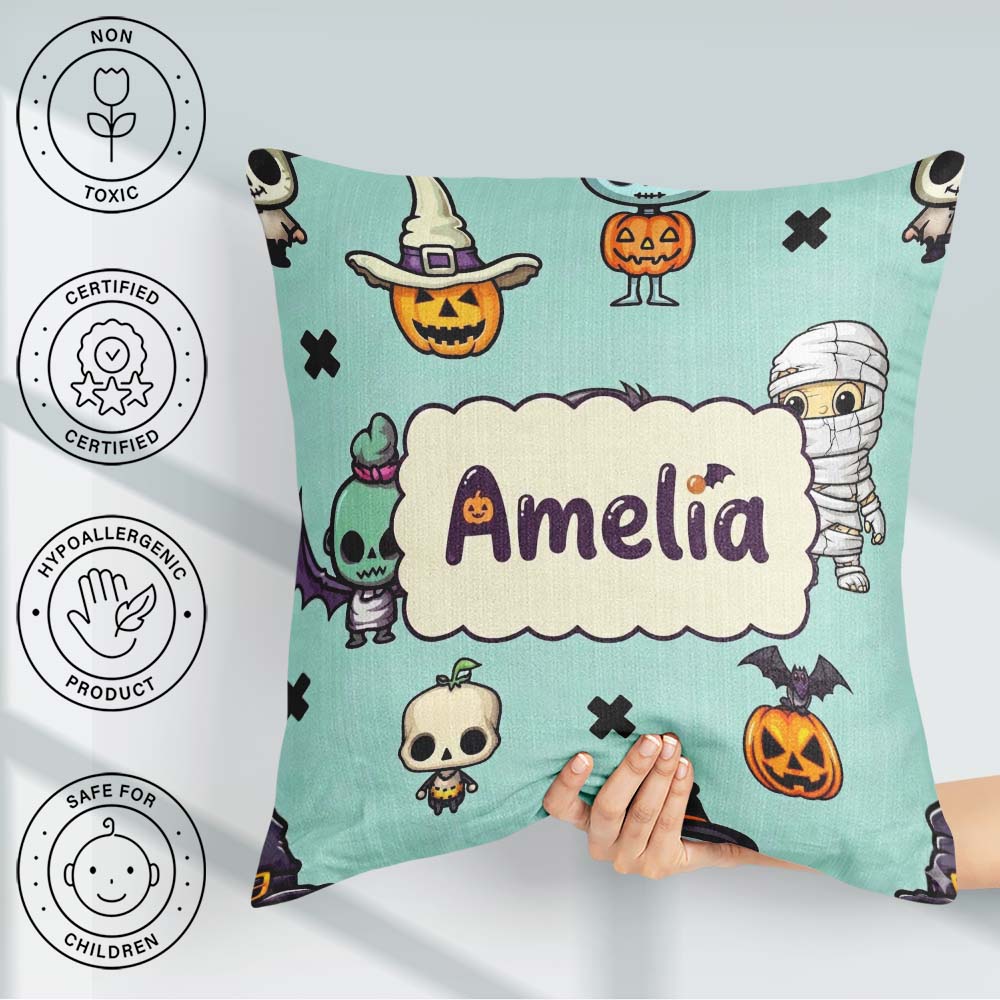 Custom Name Cute Halloween Characters Mummy Bat Teal Background Square Filled Cushion Throw Pillow Sofa Bed Home Decor Zip Washable UK Made