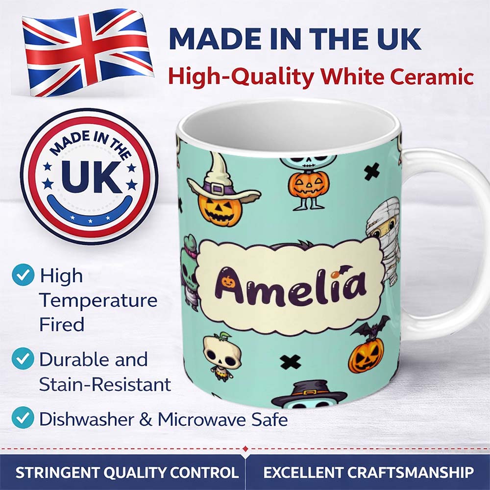 Personalized Custom Name Cute Halloween Characters Mummy Frankenstein Bat Teal Background 11oz Ceramic Coffee Tea Mug White Large Handle