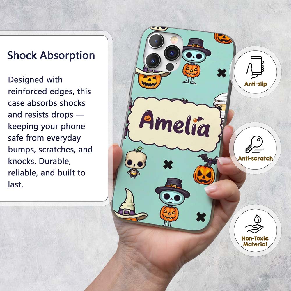 Cute Halloween Characters Mummy Frankenstein Bat Custom Name Protective Phone Case Mobile Cover Durable Everyday Smartphone Shock Resistant