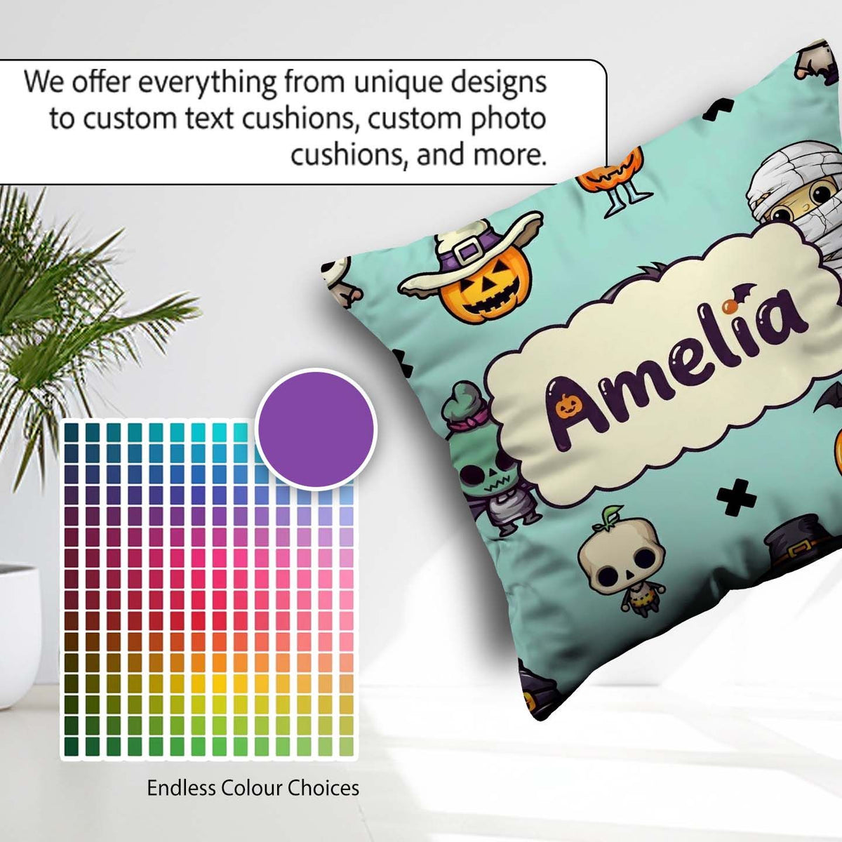 Custom Name Cute Halloween Characters Mummy Bat Teal Background Square Filled Cushion Throw Pillow Sofa Bed Home Decor Zip Washable UK Made