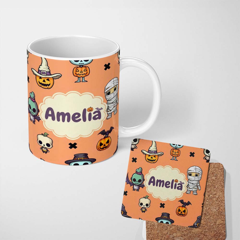 Personalized Custom Name Cute Halloween Characters Mummy Frankenstein Bat Orange Background 11oz Ceramic Coffee Tea Mug White Large Handle