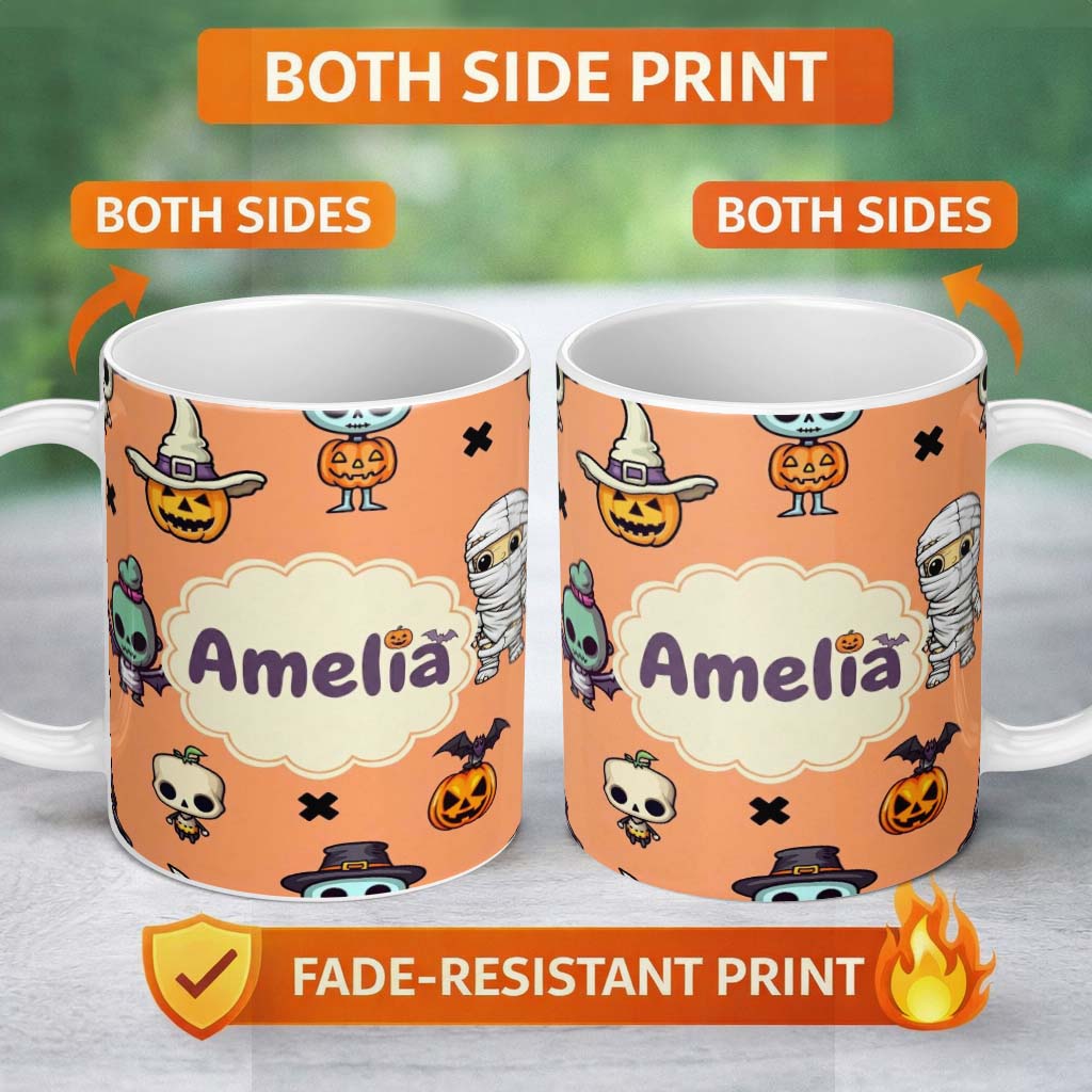 Personalized Custom Name Cute Halloween Characters Mummy Frankenstein Bat Orange Background 11oz Ceramic Coffee Tea Mug White Large Handle