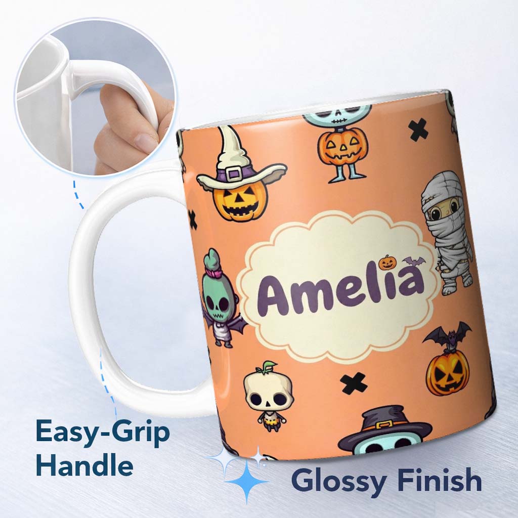 Personalized Custom Name Cute Halloween Characters Mummy Frankenstein Bat Orange Background 11oz Ceramic Coffee Tea Mug White Large Handle