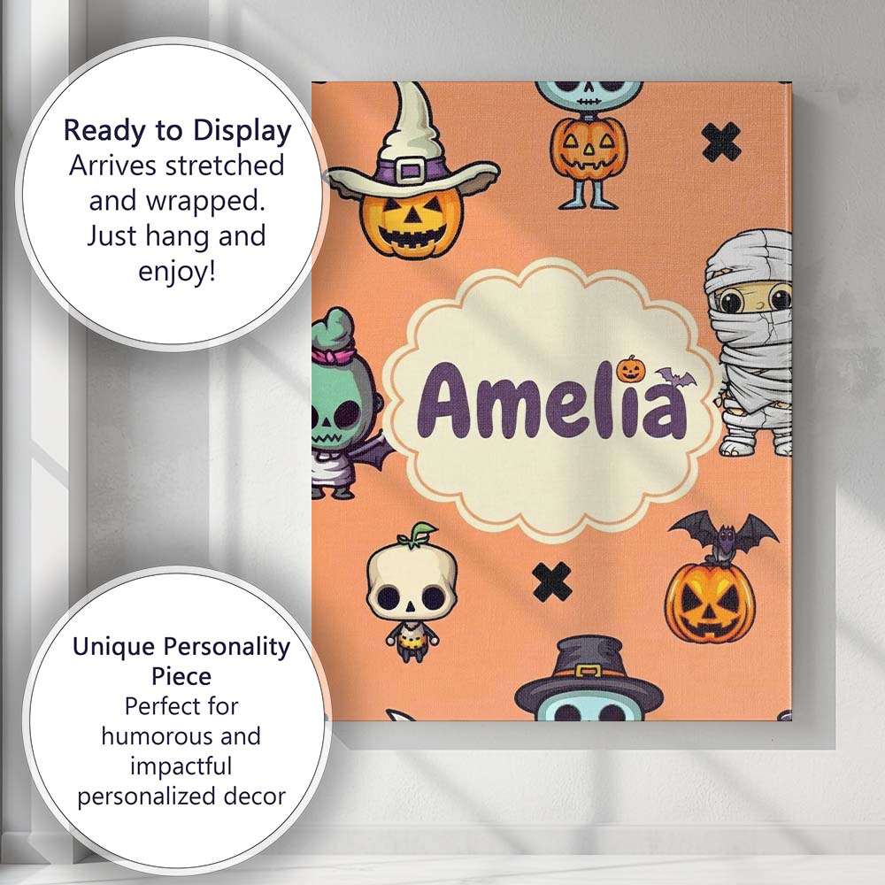 Personalised Name Cute Halloween Characters Custom Bespoke Interior Contemporary Canvas Wall Art Print Decor Picture Ready to Hang