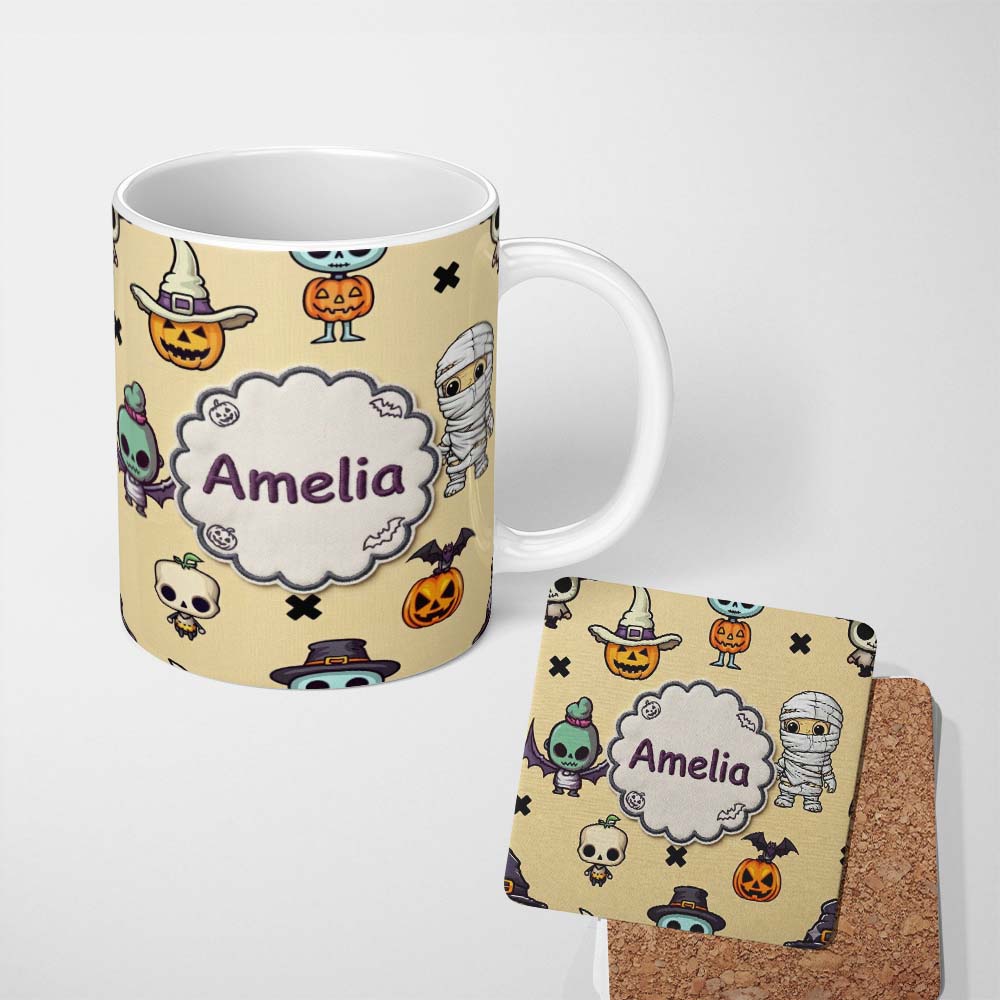 Personalized Custom Name Cute Halloween Characters Mummy Frankenstein Bat Beige Background 11oz Ceramic Coffee Tea Mug White Large Handle