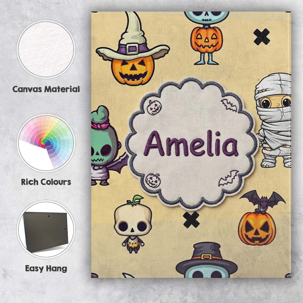 Personalised Name Cute Halloween Characters Custom Bespoke Interior Contemporary Canvas Wall Art Print Decor Picture Ready to Hang