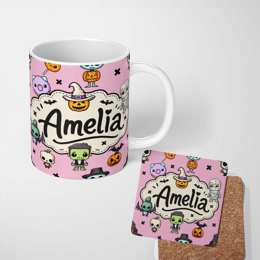 Personalized Custom Name Cute Halloween Characters Mummy Frankenstein Bat Pink Background 11oz Ceramic Coffee Tea Mug White Large Handle