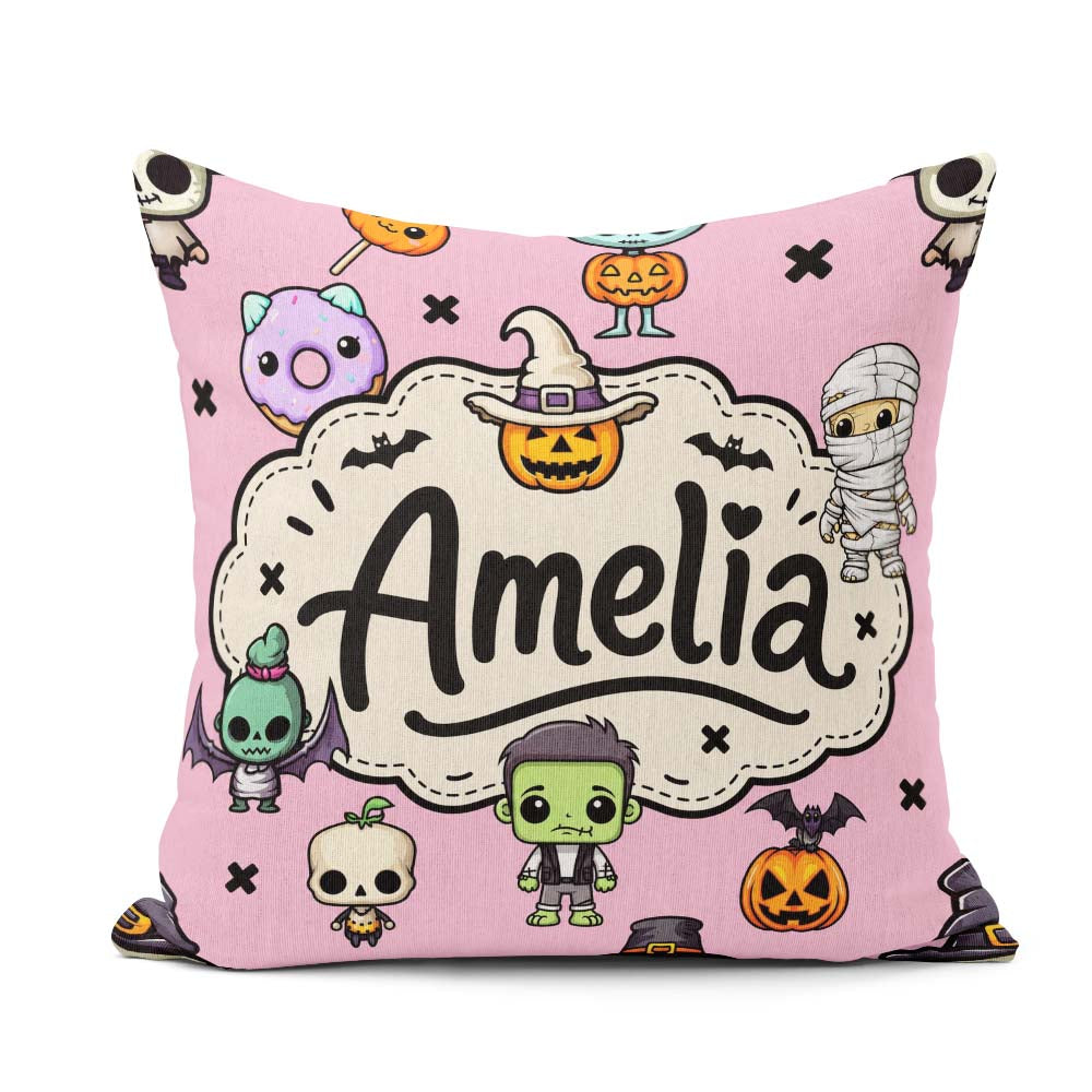 Custom Name Cute Halloween Characters Mummy Bat Pink Background Square Filled Cushion Throw Pillow Sofa Bed Home Decor Zip Washable UK Made