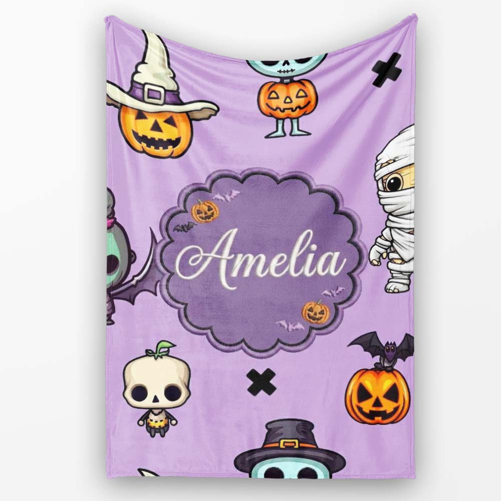 Cute Halloween Characters Mummy Frankenstein Bat Purple Background Personalised Custom Name Super Soft Fleece Blanket Bed Sofa Throw