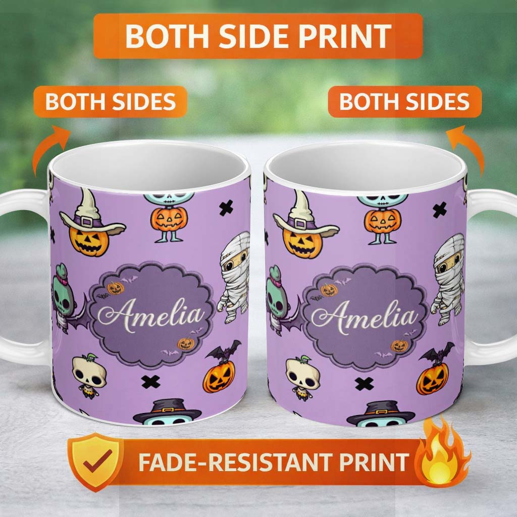 Personalized Custom Name Cute Halloween Characters Mummy Frankenstein Bat Purple Background 11oz Ceramic Coffee Tea Mug White Large Handle