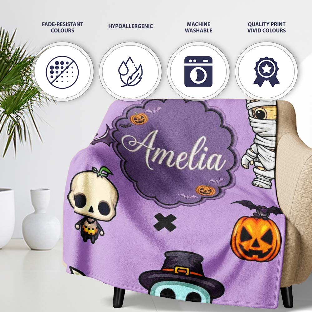 Cute Halloween Characters Mummy Frankenstein Bat Purple Background Personalised Custom Name Super Soft Fleece Blanket Bed Sofa Throw