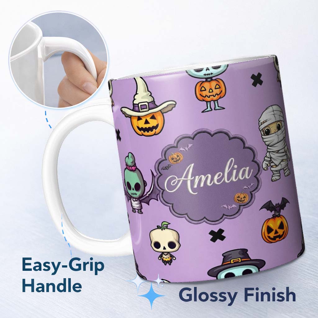 Personalized Custom Name Cute Halloween Characters Mummy Frankenstein Bat Purple Background 11oz Ceramic Coffee Tea Mug White Large Handle