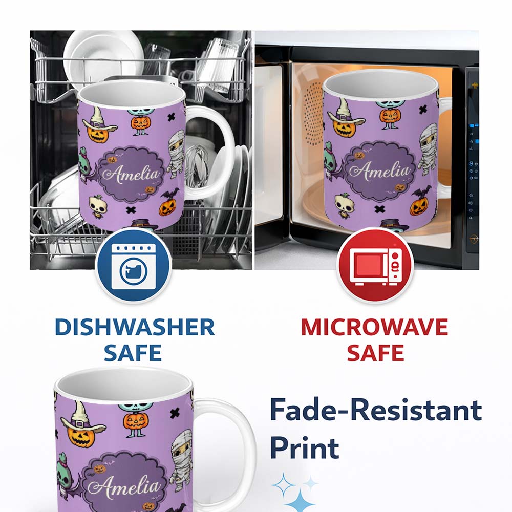 Personalized Custom Name Cute Halloween Characters Mummy Frankenstein Bat Purple Background 11oz Ceramic Coffee Tea Mug White Large Handle