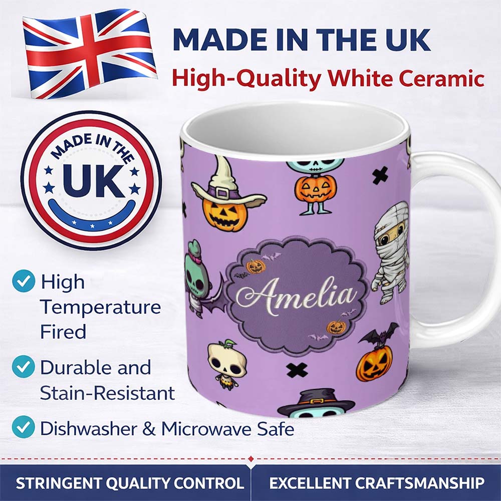 Personalized Custom Name Cute Halloween Characters Mummy Frankenstein Bat Purple Background 11oz Ceramic Coffee Tea Mug White Large Handle