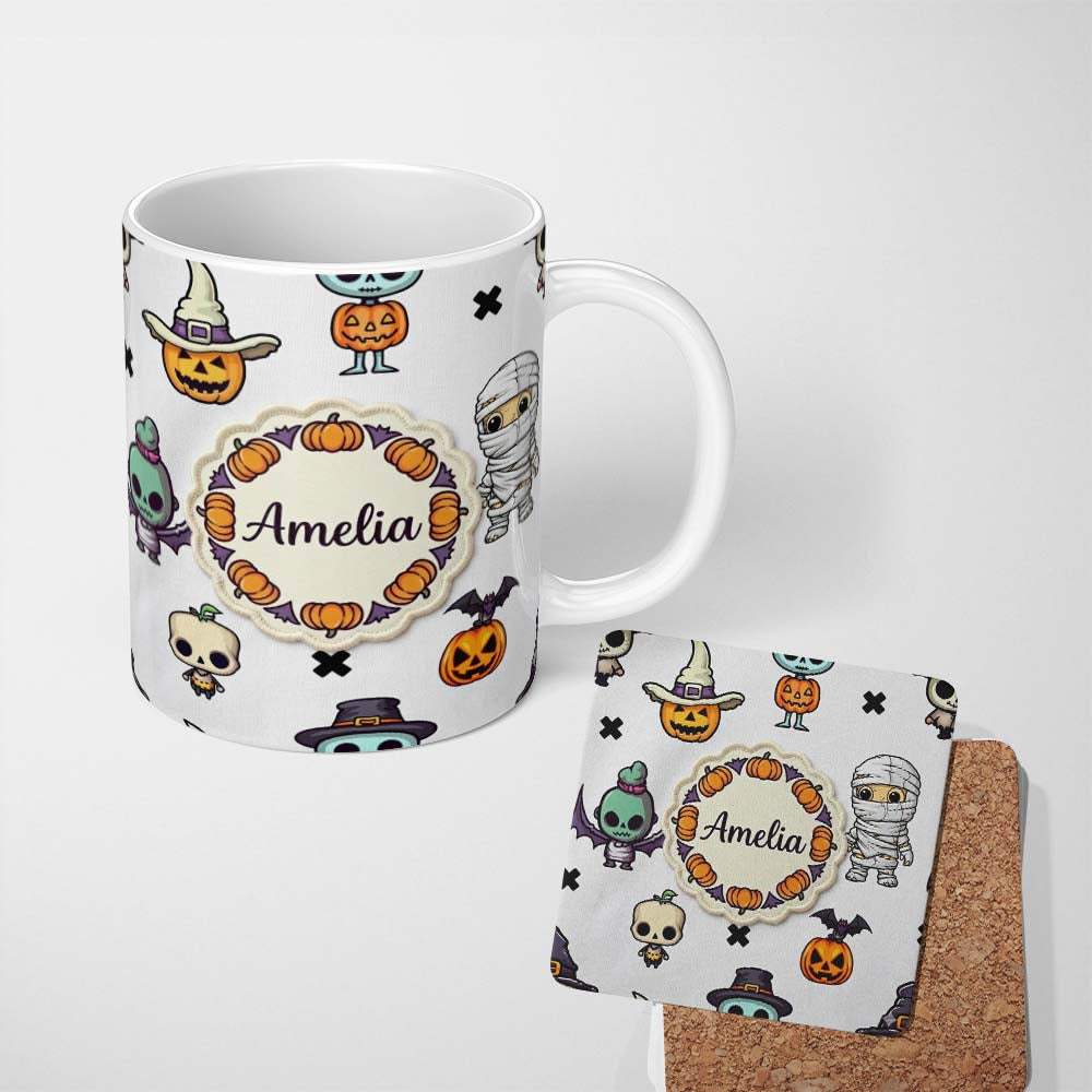 Personalized Custom Name Cute Halloween Frankenstein Mummy Pumpkin Character Seamless 11oz Ceramic Coffee Tea Mug White Large Handle