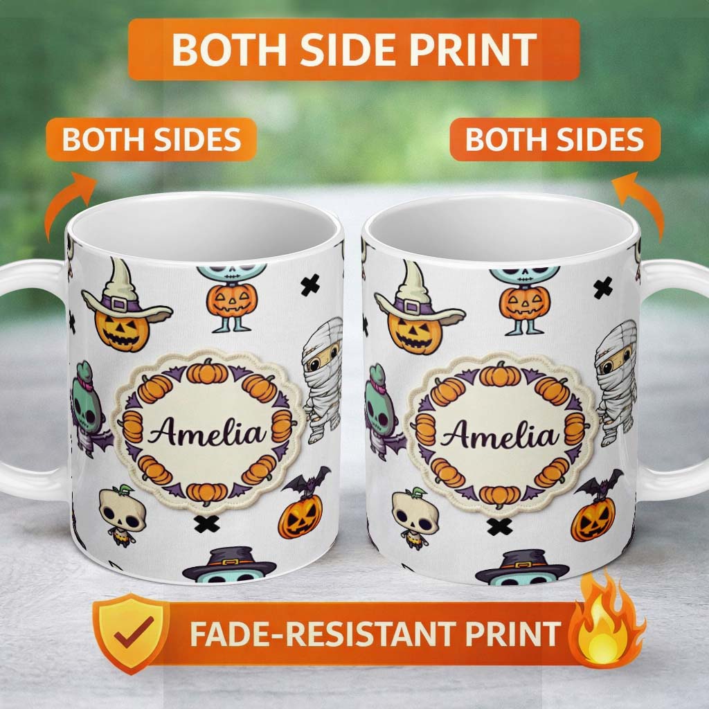 Personalized Custom Name Cute Halloween Frankenstein Mummy Pumpkin Character Seamless 11oz Ceramic Coffee Tea Mug White Large Handle