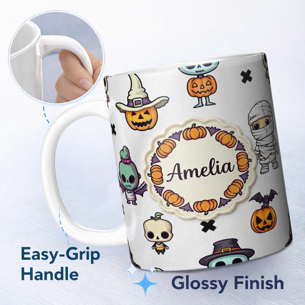 Personalized Custom Name Cute Halloween Frankenstein Mummy Pumpkin Character Seamless 11oz Ceramic Coffee Tea Mug White Large Handle