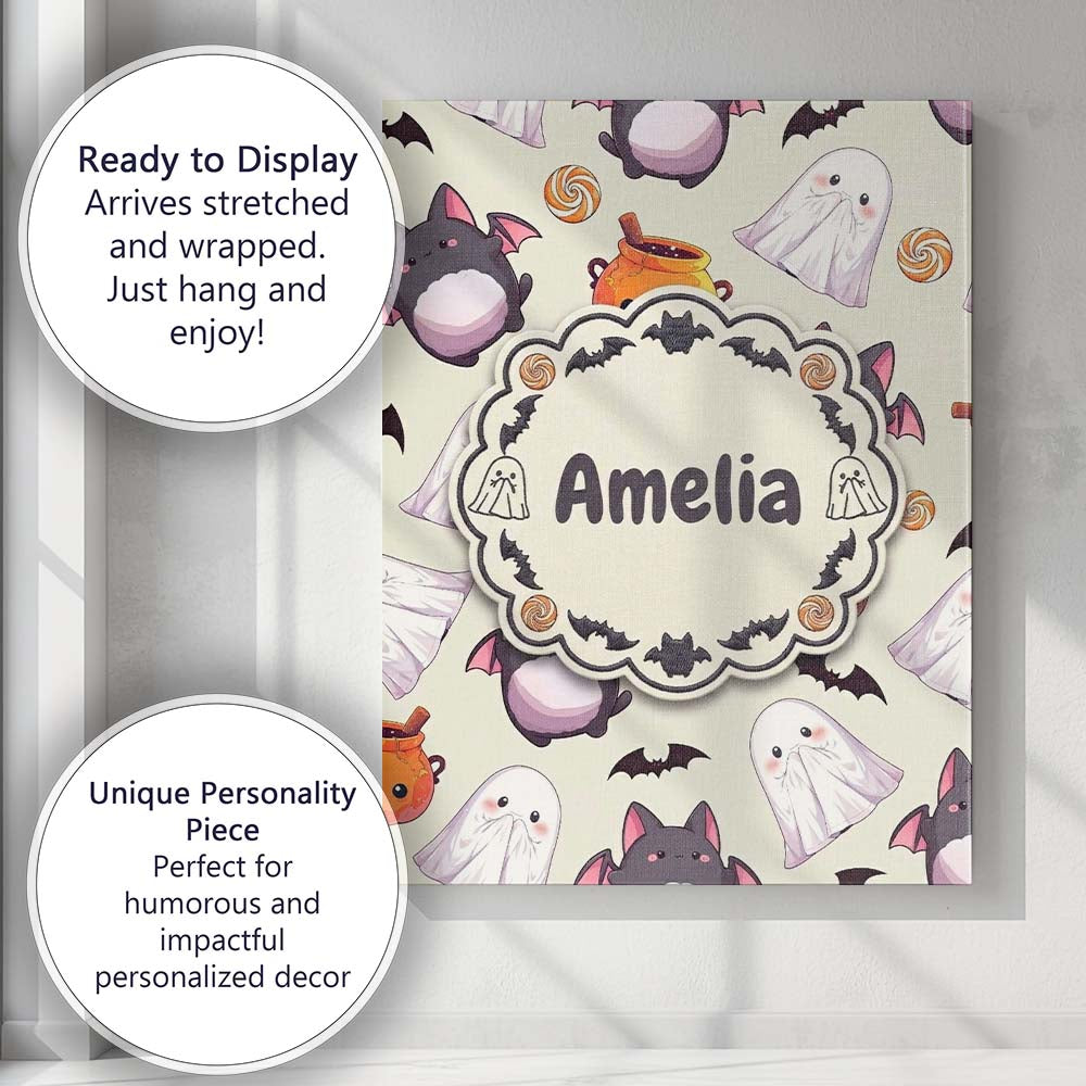 Personalised Name Cute Kawaii Ghost Bat Custom Modern Room Accent Elegant Feature Canvas Wall Art Print Decor Picture Ready to Hang