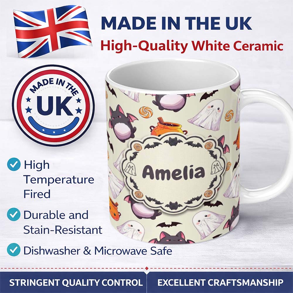 Personalized Custom Name Cute Kawaii Ghost Bat Candy Pumpkin Seamless Pattern Cream 11oz Ceramic Coffee Tea Mug White Large Handle