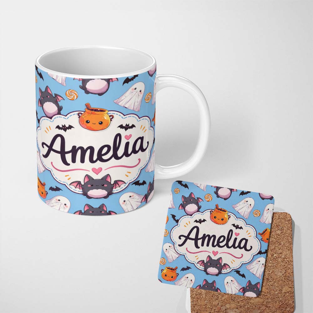 Personalized Custom Name Cute Kawaii Ghost Bat Candy Pumpkin Seamless Pattern Blue 11oz Ceramic Coffee Tea Mug White Large Handle