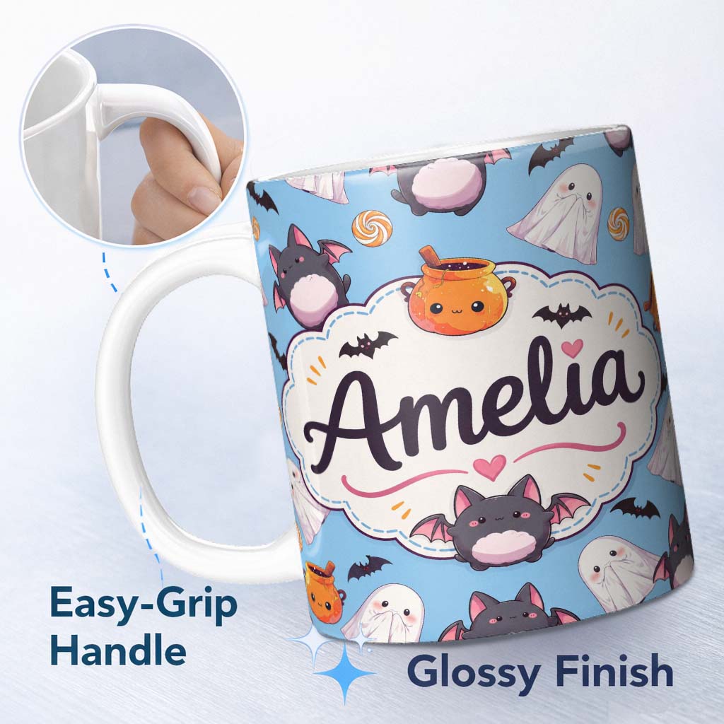 Personalized Custom Name Cute Kawaii Ghost Bat Candy Pumpkin Seamless Pattern Blue 11oz Ceramic Coffee Tea Mug White Large Handle