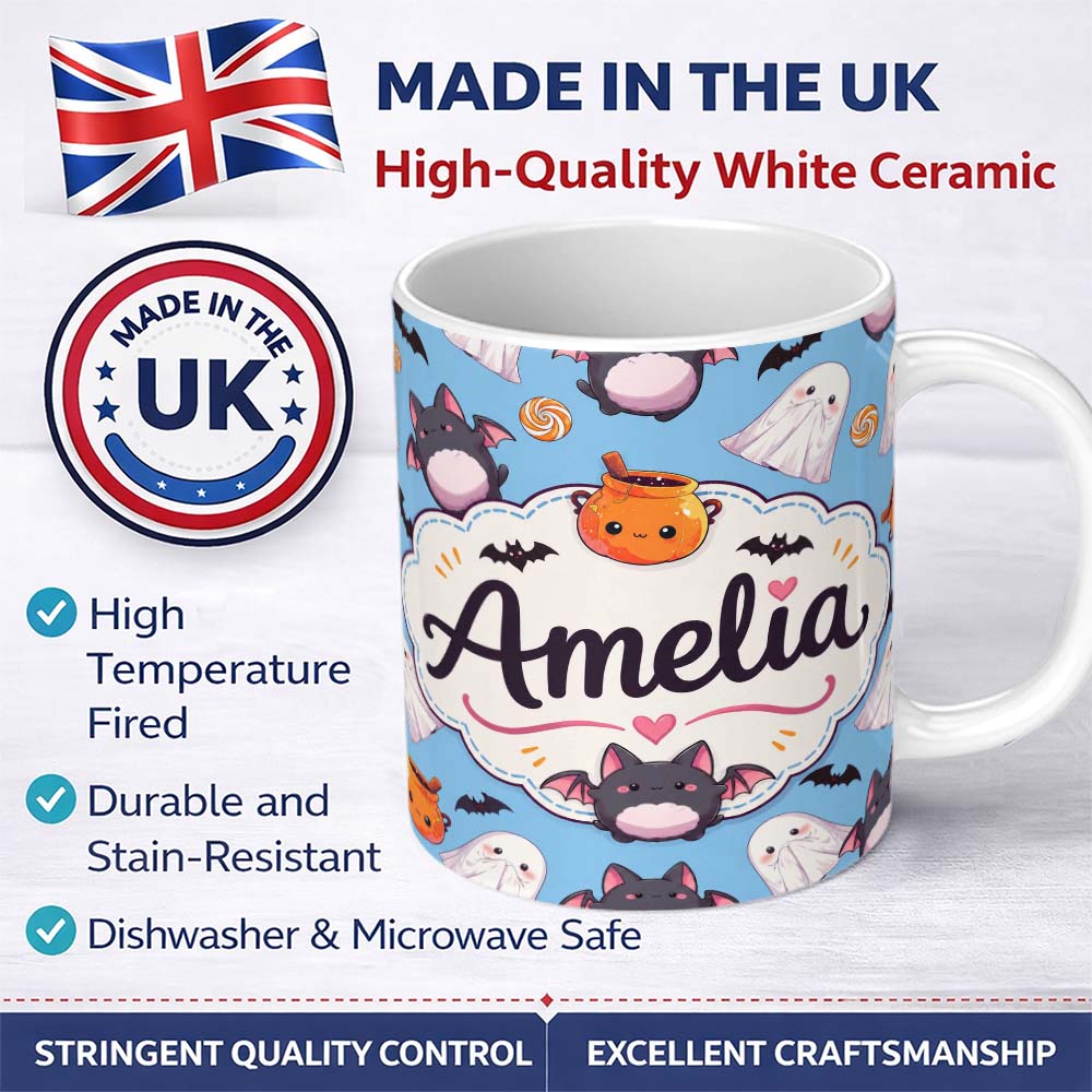 Personalized Custom Name Cute Kawaii Ghost Bat Candy Pumpkin Seamless Pattern Blue 11oz Ceramic Coffee Tea Mug White Large Handle