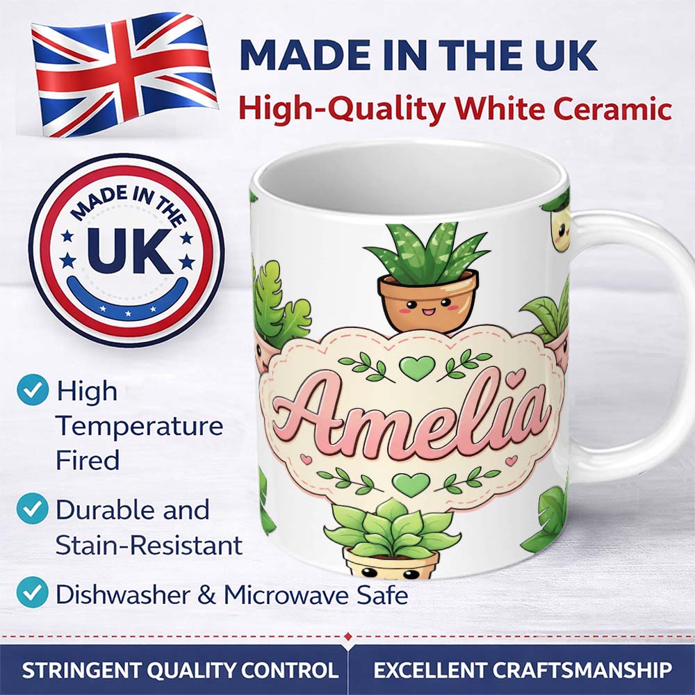 Personalized Custom Name Cute Kawaii Smiling Plant Pots Leaves Seamless Pattern Grey Lovely 11oz Ceramic Coffee Tea Mug White Large Handle