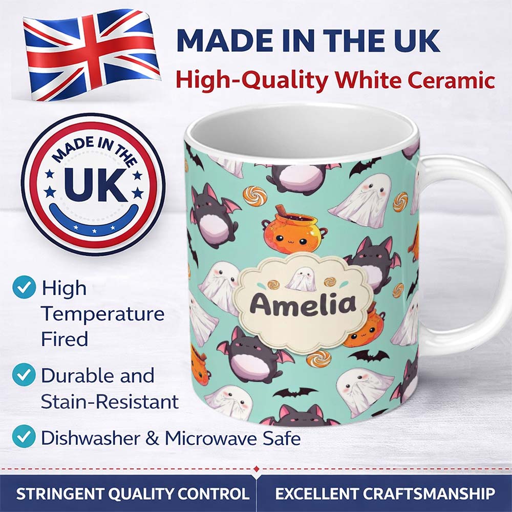 Personalized Custom Name Cute Kawaii Ghost Bat Candy Pumpkin Seamless Pattern Mint 11oz Ceramic Coffee Tea Mug White Large Handle