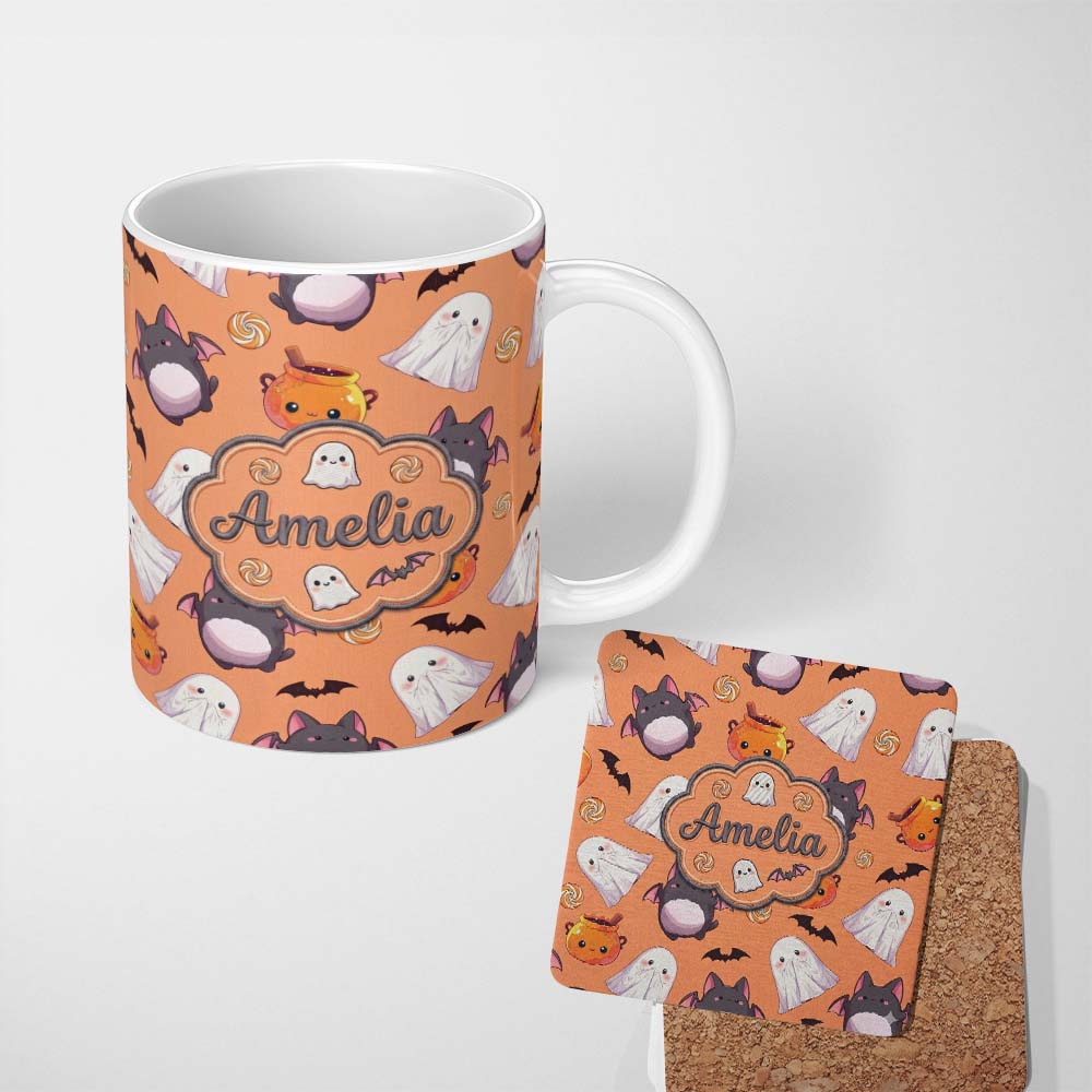 Personalized Custom Name Cute Kawaii Ghost Bat Candy Pumpkin Seamless Pattern Orange 11oz Ceramic Coffee Tea Mug White Large Handle