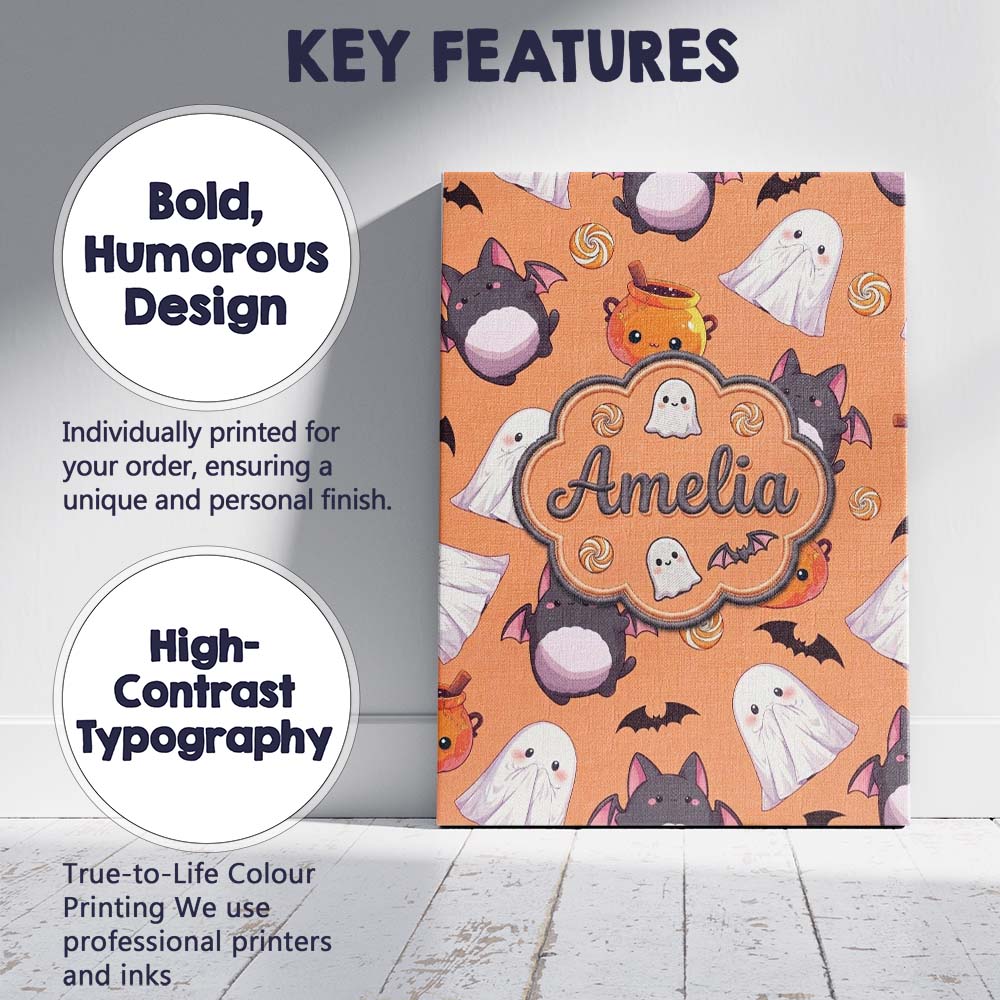 Personalised Name Cute Kawaii Ghost Bat Custom Modern Room Accent Elegant Feature Canvas Wall Art Print Decor Picture Ready to Hang