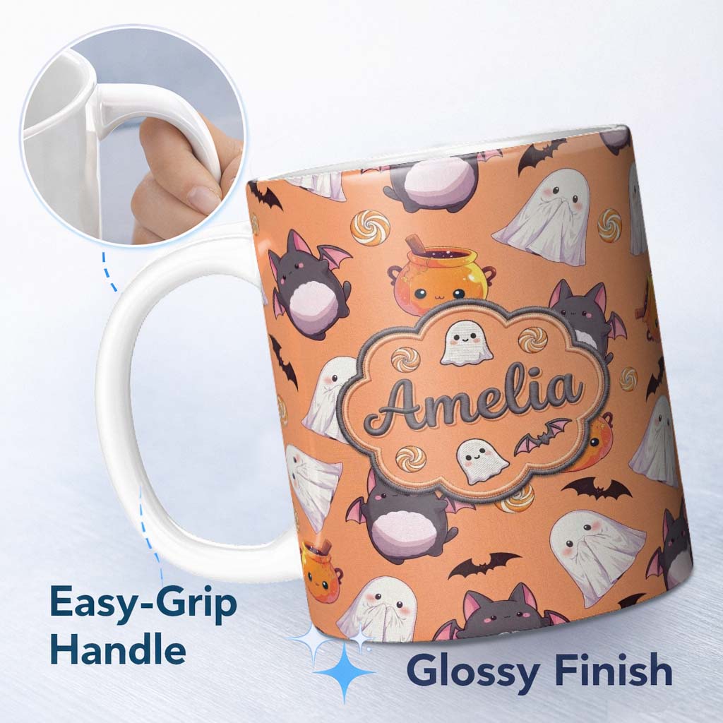 Personalized Custom Name Cute Kawaii Ghost Bat Candy Pumpkin Seamless Pattern Orange 11oz Ceramic Coffee Tea Mug White Large Handle