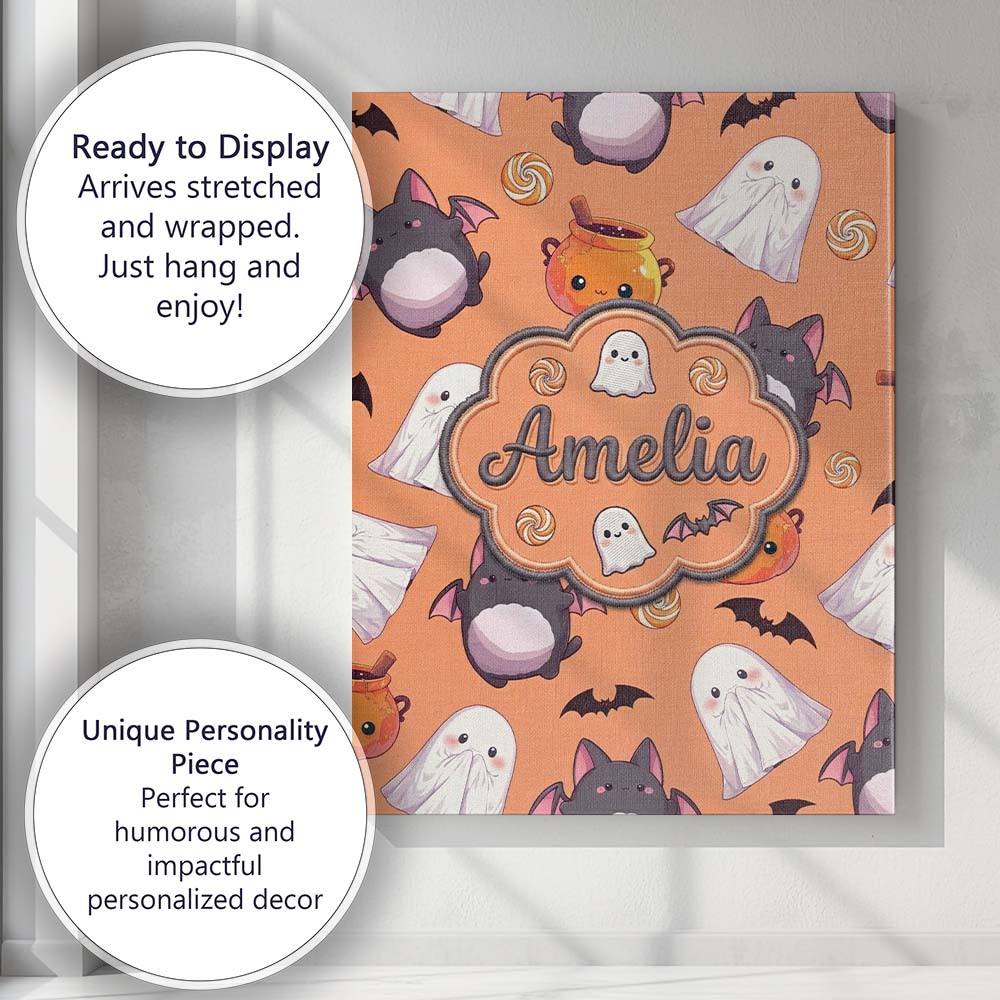 Personalised Name Cute Kawaii Ghost Bat Custom Modern Room Accent Elegant Feature Canvas Wall Art Print Decor Picture Ready to Hang