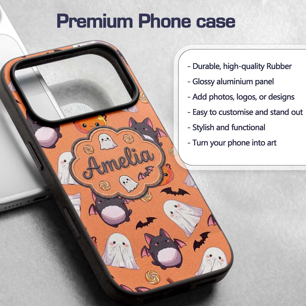 Cute Kawaii Ghost Bat Candy Pumpkin Seamless Custom Name Protective Phone Case Mobile Cover Durable Everyday Smartphone Shock Resistant
