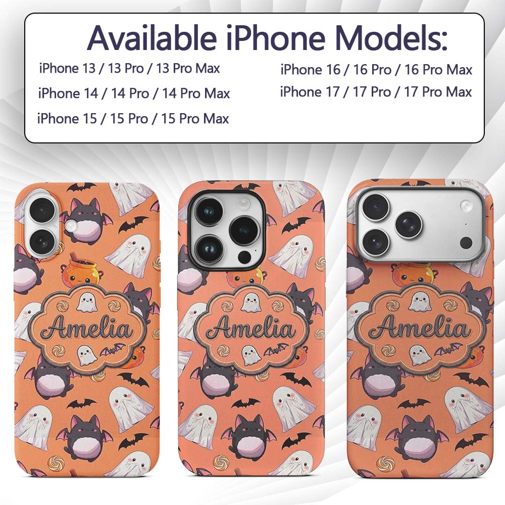 Cute Kawaii Ghost Bat Candy Pumpkin Seamless Custom Name Protective Phone Case Mobile Cover Durable Everyday Smartphone Shock Resistant