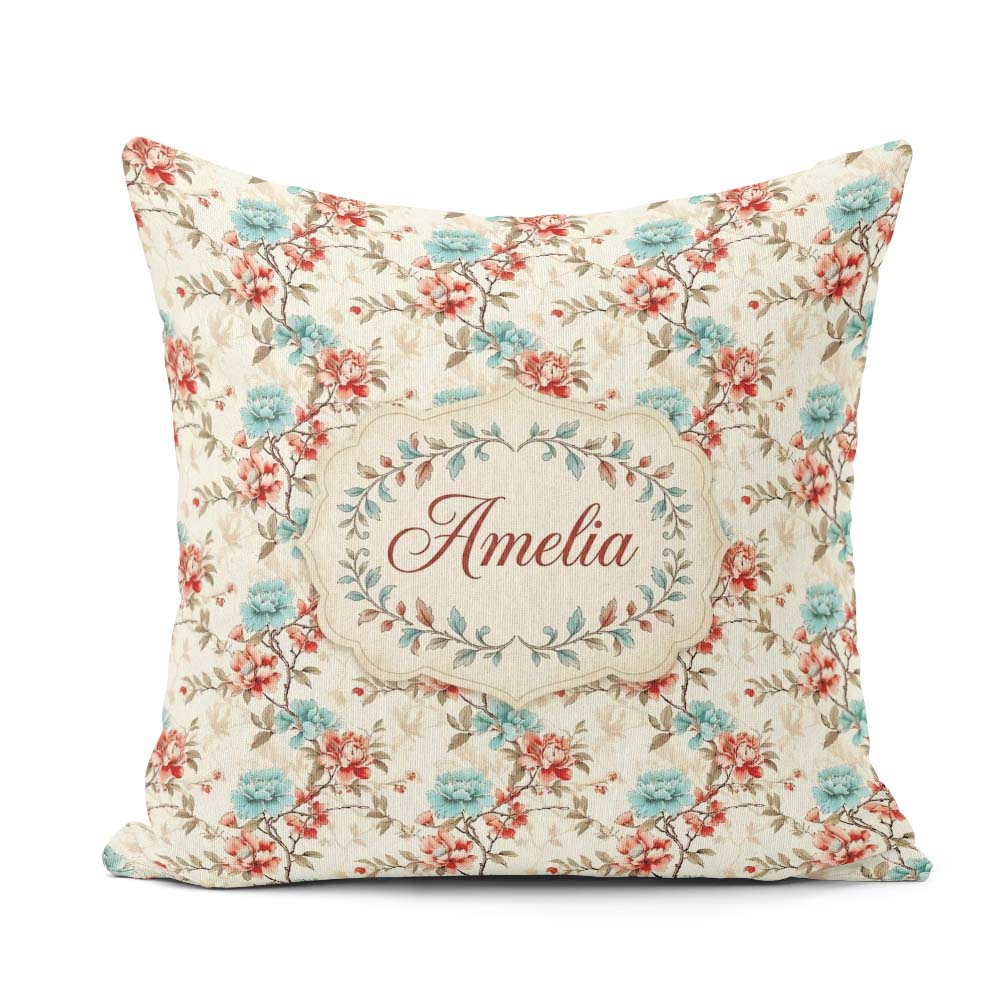 Custom Name Coral Floral Branch Artistic Seamless Pattern Lovely Square Filled Cushion Throw Pillow Sofa Bed Home Decor Zip Washable UK Made