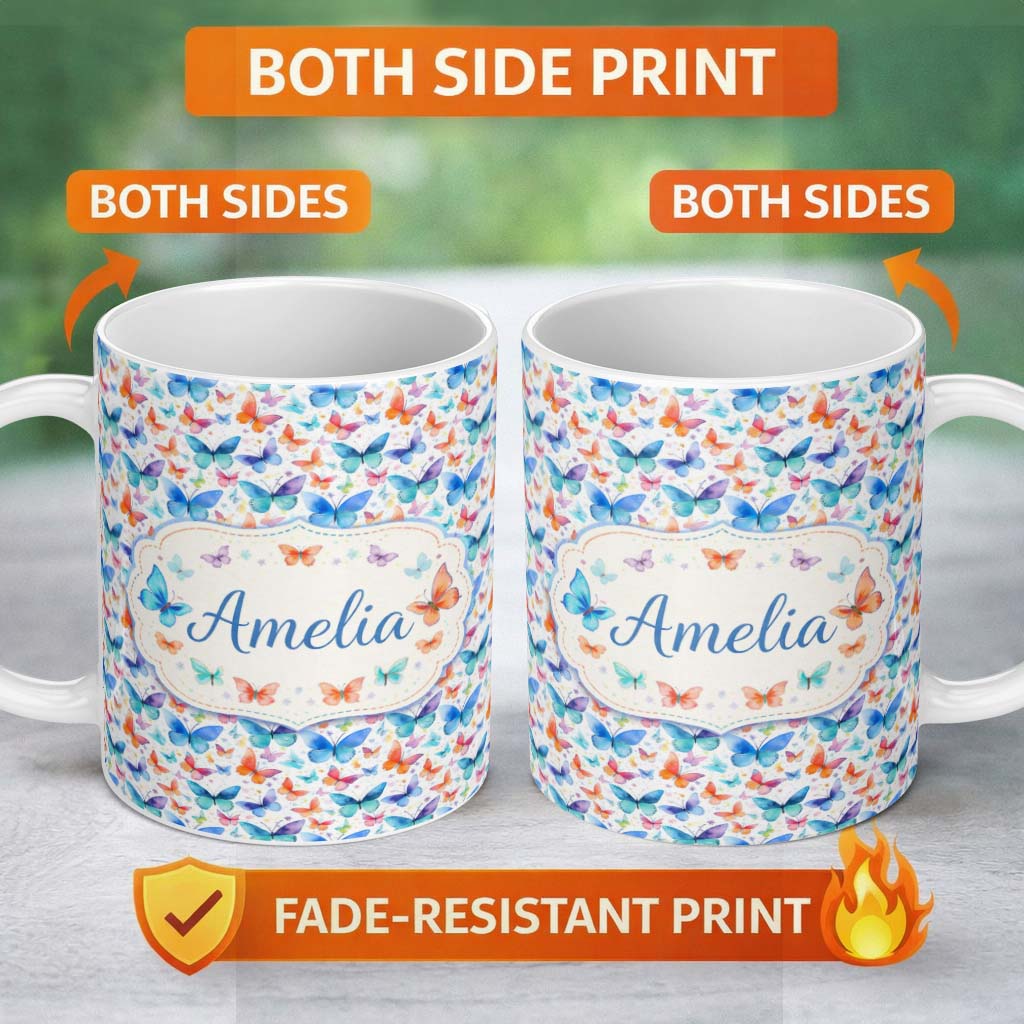 Personalized Custom Name Bright Rainbow Butterflies with Colorful Floral Accents Seamless 11oz Ceramic Coffee Tea Mug White Large Handle