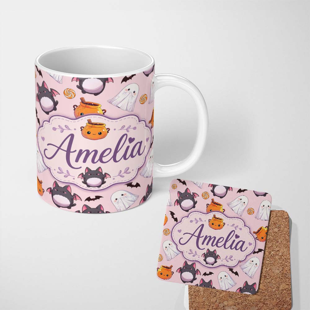 Personalized Custom Name Cute Kawaii Ghost Bat Candy Pumpkin Seamless Pattern Blush Pink 11oz Ceramic Coffee Tea Mug White Large Handle