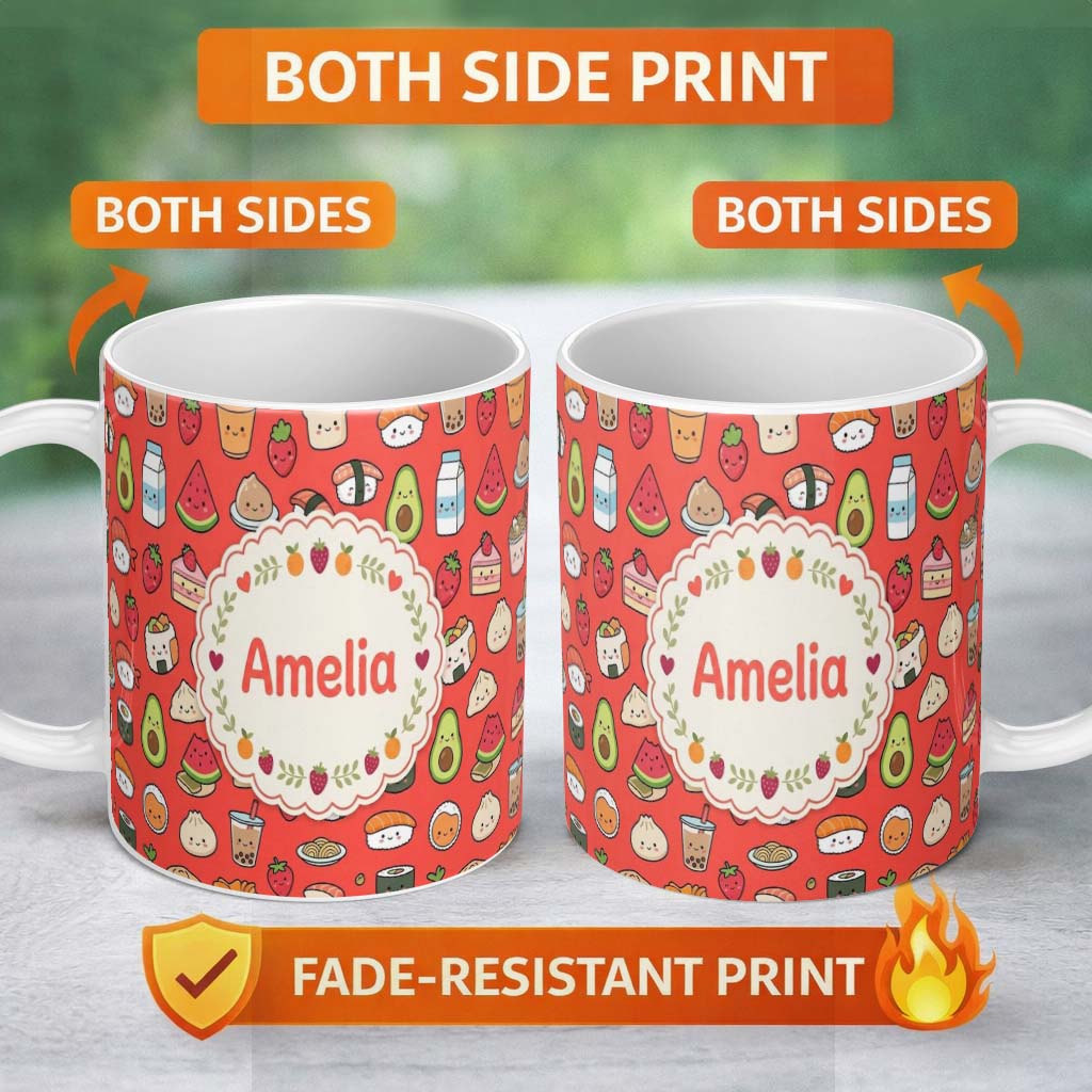 Personalized Custom Name Cute Kawaii Food Characters Seamless Pattern Red Background Fun 11oz Ceramic Coffee Tea Mug White Large Handle