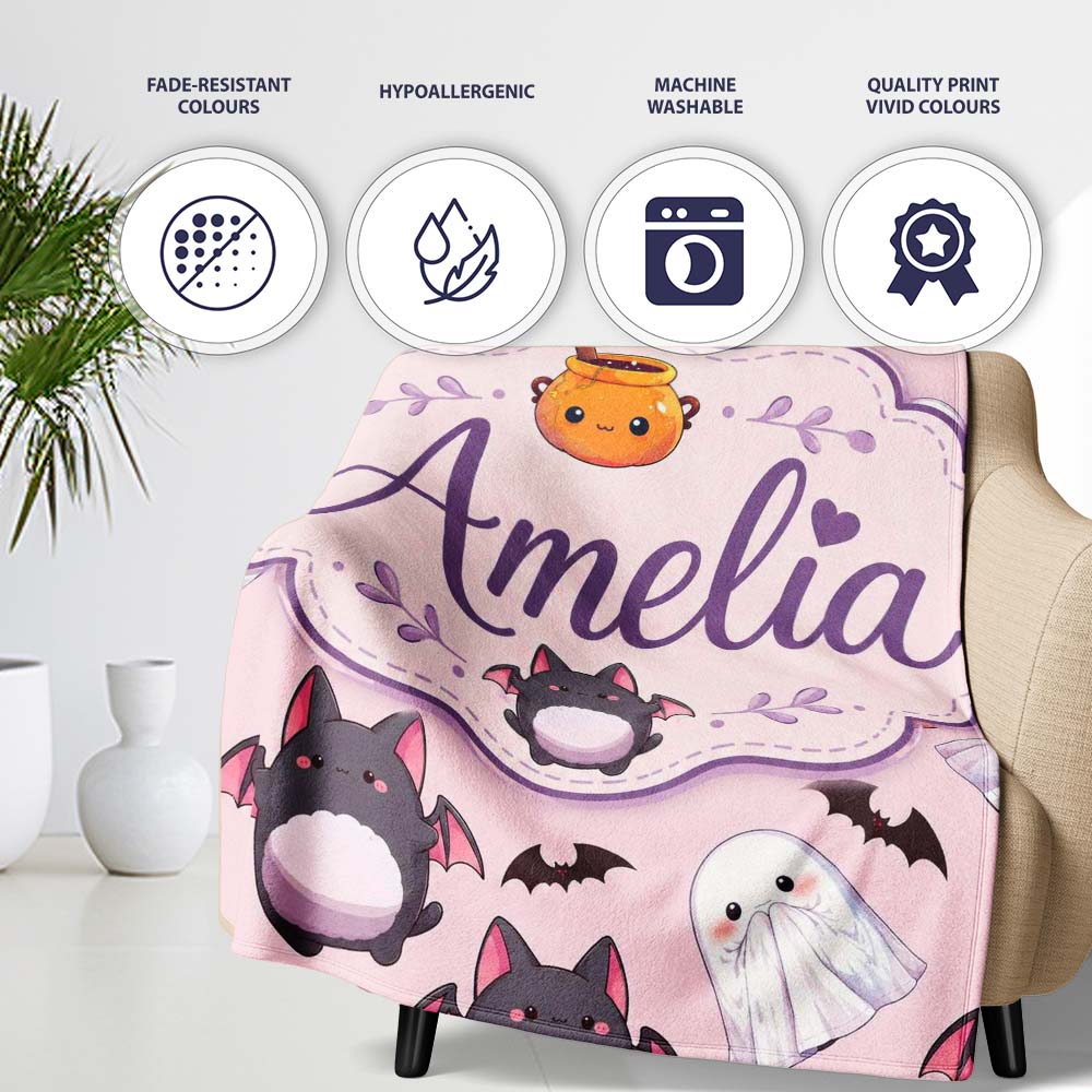 Cute Kawaii Ghost Bat Candy Pumpkin Seamless Pattern Blush Pink Personalised Custom Name Super Soft Fleece Blanket Bed Sofa Throw