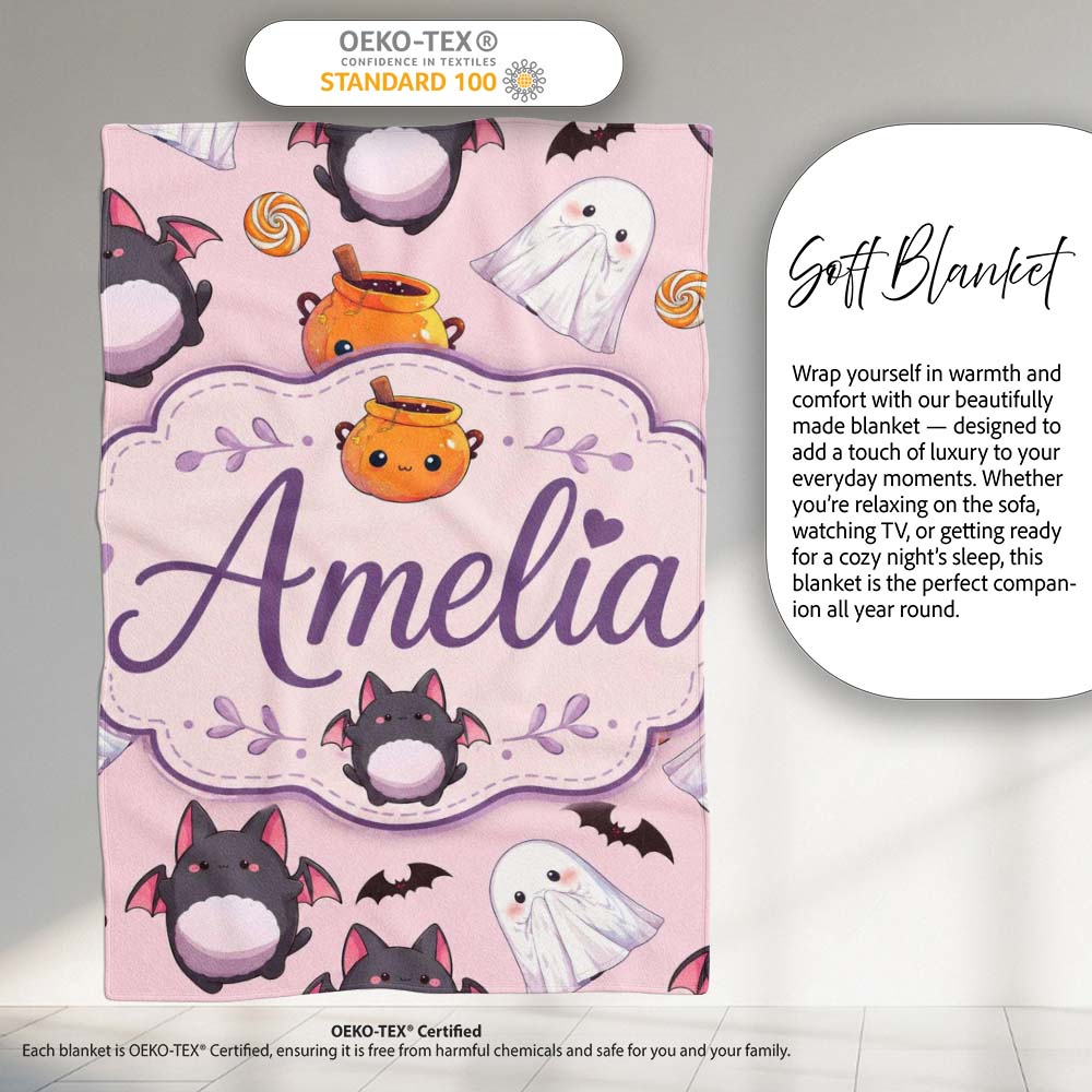 Cute Kawaii Ghost Bat Candy Pumpkin Seamless Pattern Blush Pink Personalised Custom Name Super Soft Fleece Blanket Bed Sofa Throw