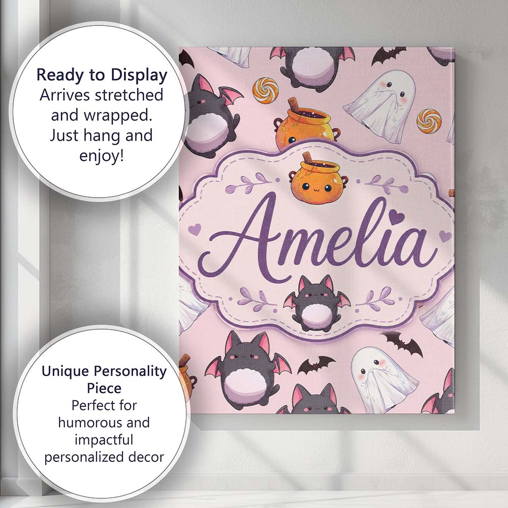 Personalised Name Cute Kawaii Ghost Bat Custom Modern Room Accent Elegant Feature Canvas Wall Art Print Decor Picture Ready to Hang