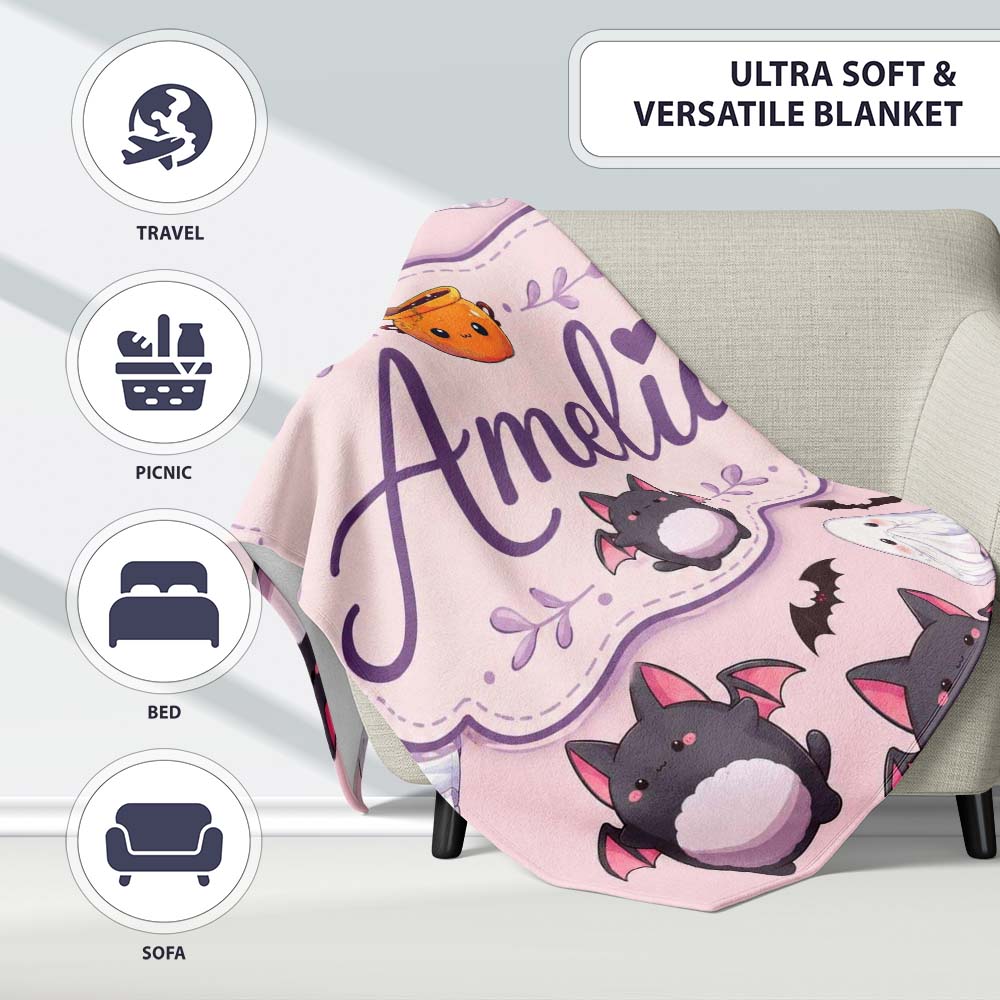 Cute Kawaii Ghost Bat Candy Pumpkin Seamless Pattern Blush Pink Personalised Custom Name Super Soft Fleece Blanket Bed Sofa Throw