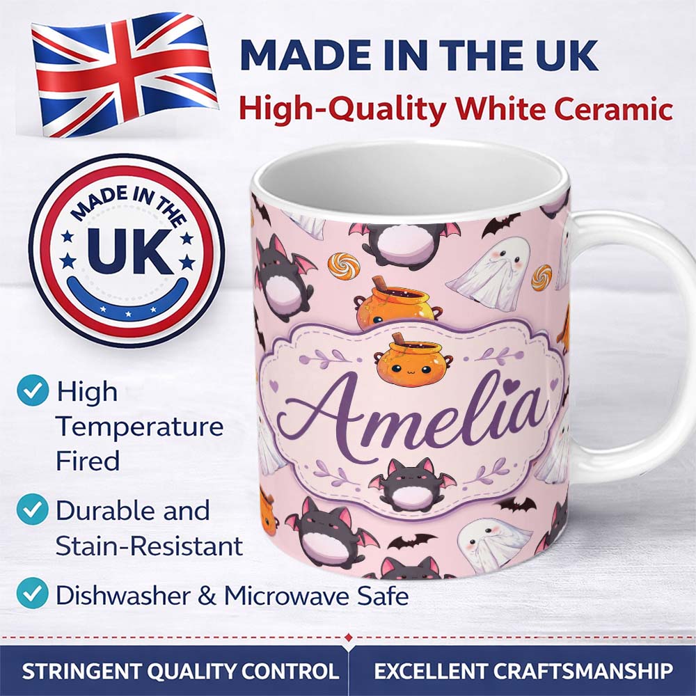Personalized Custom Name Cute Kawaii Ghost Bat Candy Pumpkin Seamless Pattern Blush Pink 11oz Ceramic Coffee Tea Mug White Large Handle