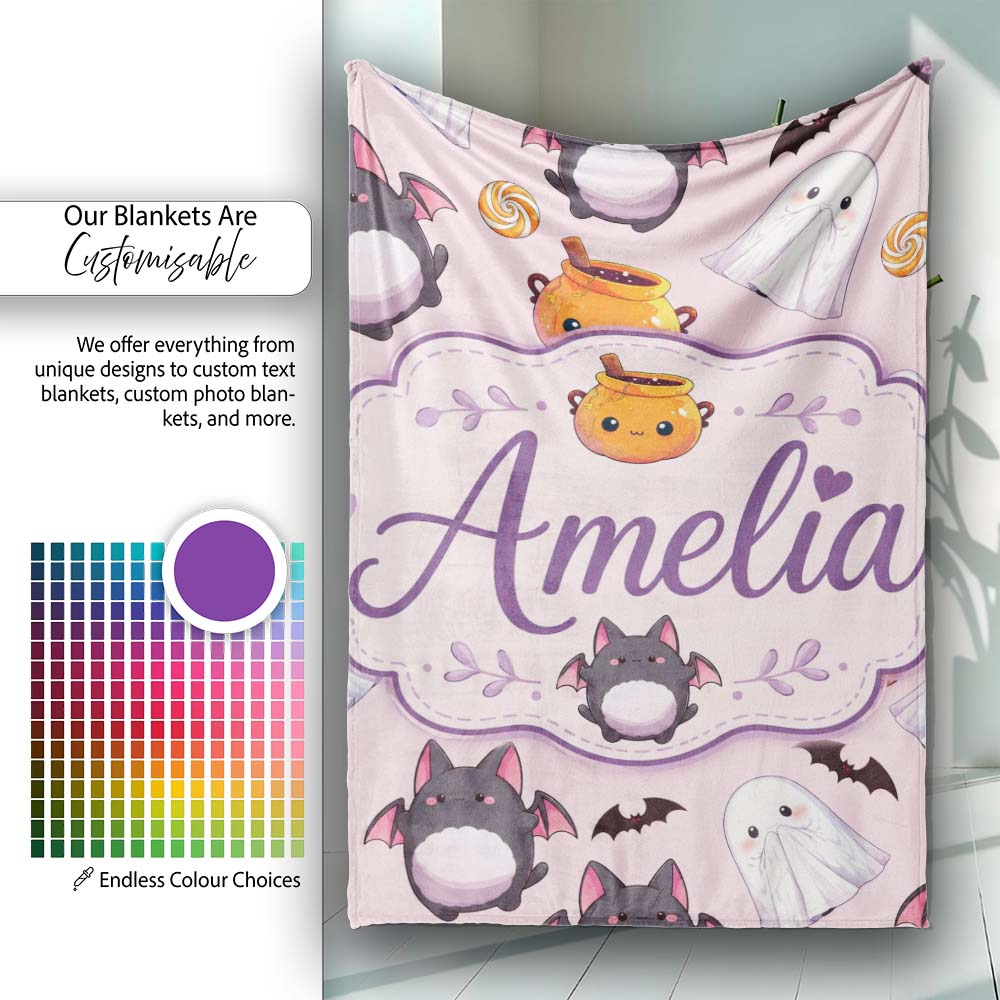 Cute Kawaii Ghost Bat Candy Pumpkin Seamless Pattern Blush Pink Personalised Custom Name Super Soft Fleece Blanket Bed Sofa Throw