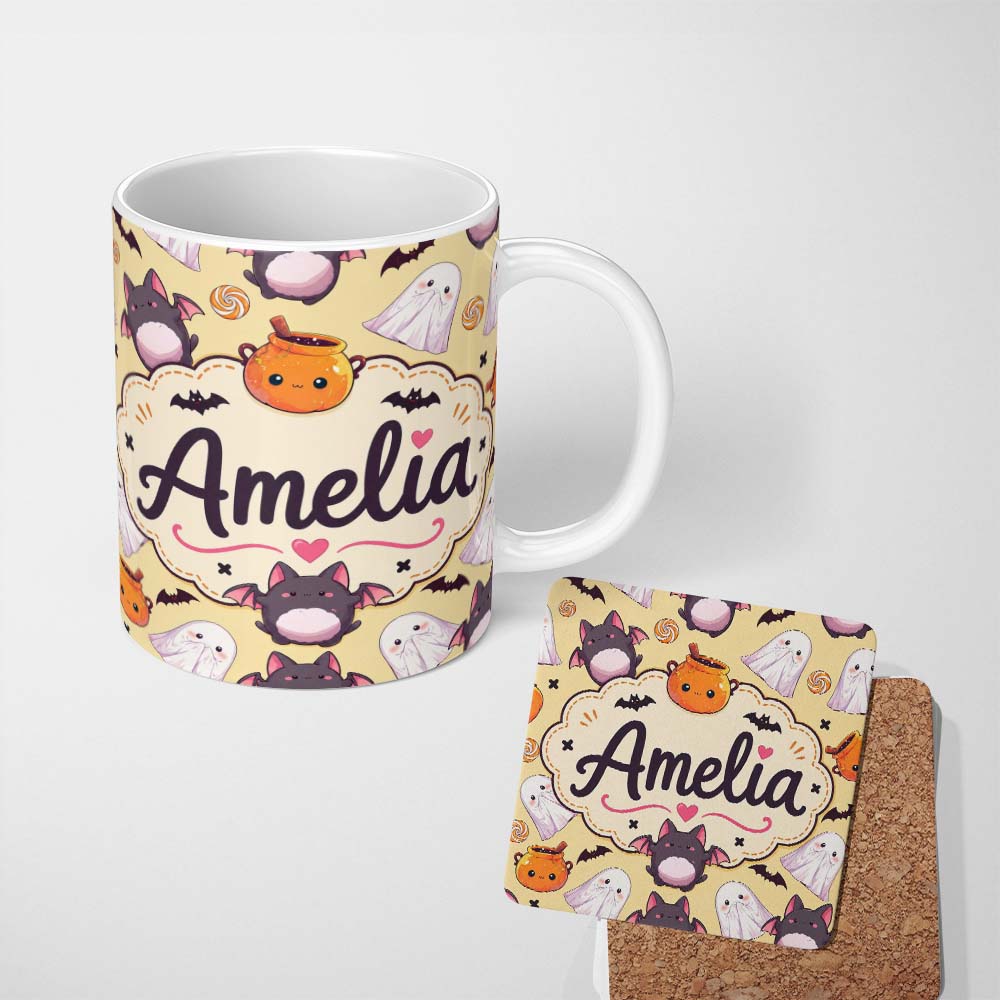 Personalized Custom Name Cute Kawaii Ghost Bat Candy Pumpkin Seamless Pattern Soft Yellow 11oz Ceramic Coffee Tea Mug White Large Handle