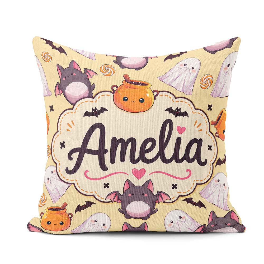 Custom Name Kawaii Ghost Bat Candy Pumpkin Seamless Pattern Soft Square Filled Cushion Throw Pillow Sofa Bed Home Decor Zip Washable UK Made