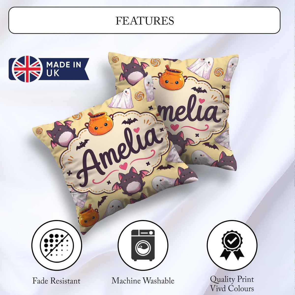 Custom Name Kawaii Ghost Bat Candy Pumpkin Seamless Pattern Soft Square Filled Cushion Throw Pillow Sofa Bed Home Decor Zip Washable UK Made
