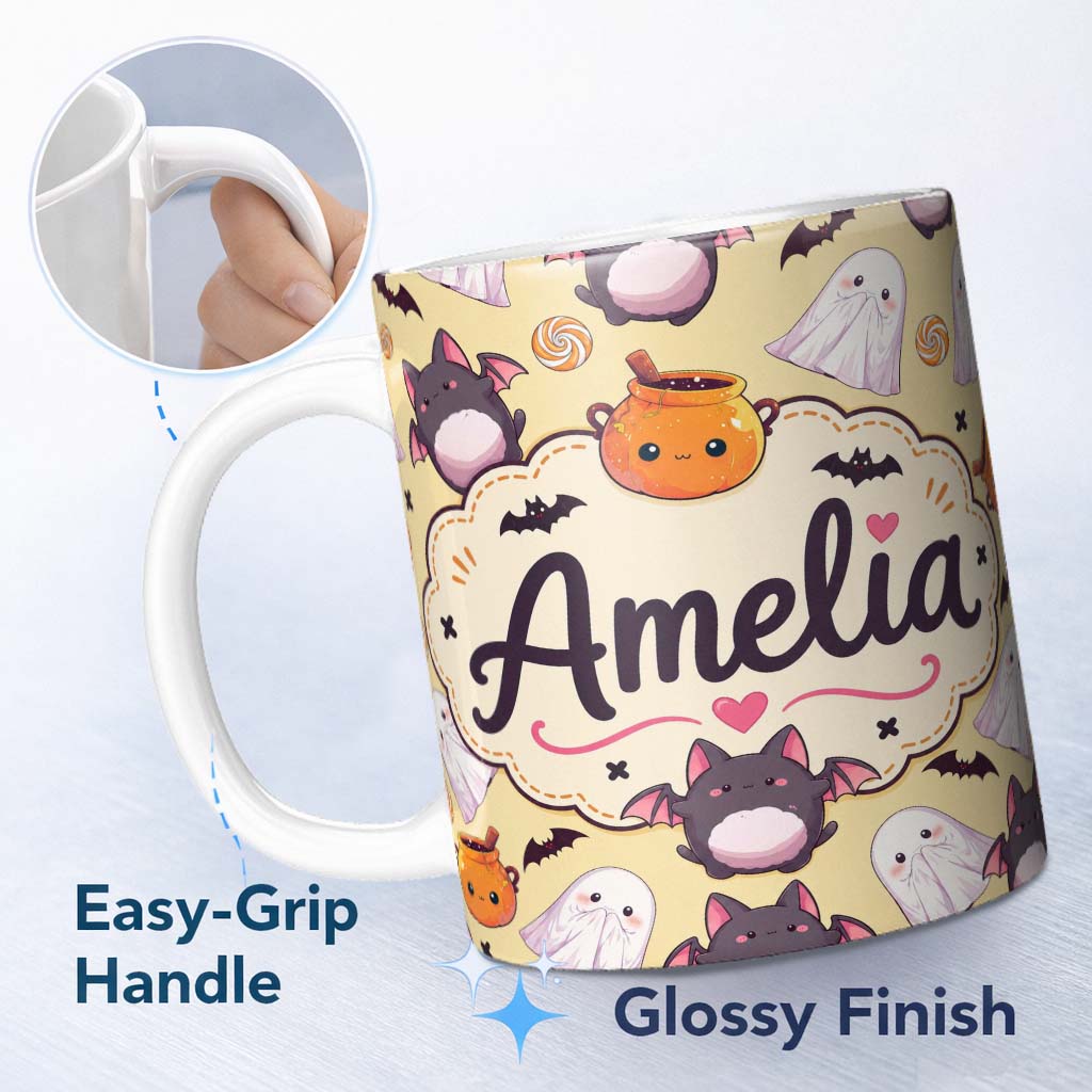 Personalized Custom Name Cute Kawaii Ghost Bat Candy Pumpkin Seamless Pattern Soft Yellow 11oz Ceramic Coffee Tea Mug White Large Handle