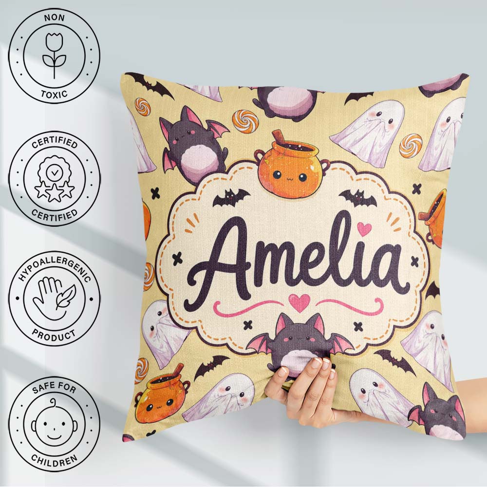Custom Name Kawaii Ghost Bat Candy Pumpkin Seamless Pattern Soft Square Filled Cushion Throw Pillow Sofa Bed Home Decor Zip Washable UK Made